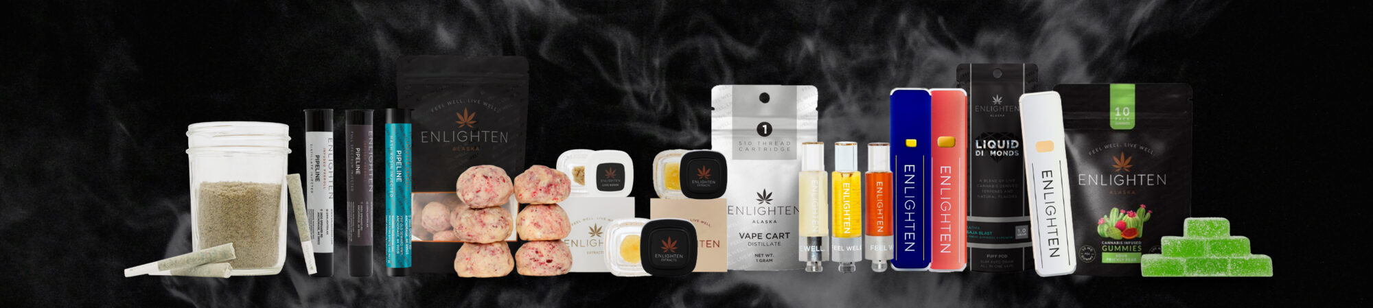Enlighten Alaska's products spread featuring infused prerolls, infused cookie edibles, dabs, vape cartridges, disposable vapes, and infused gummies