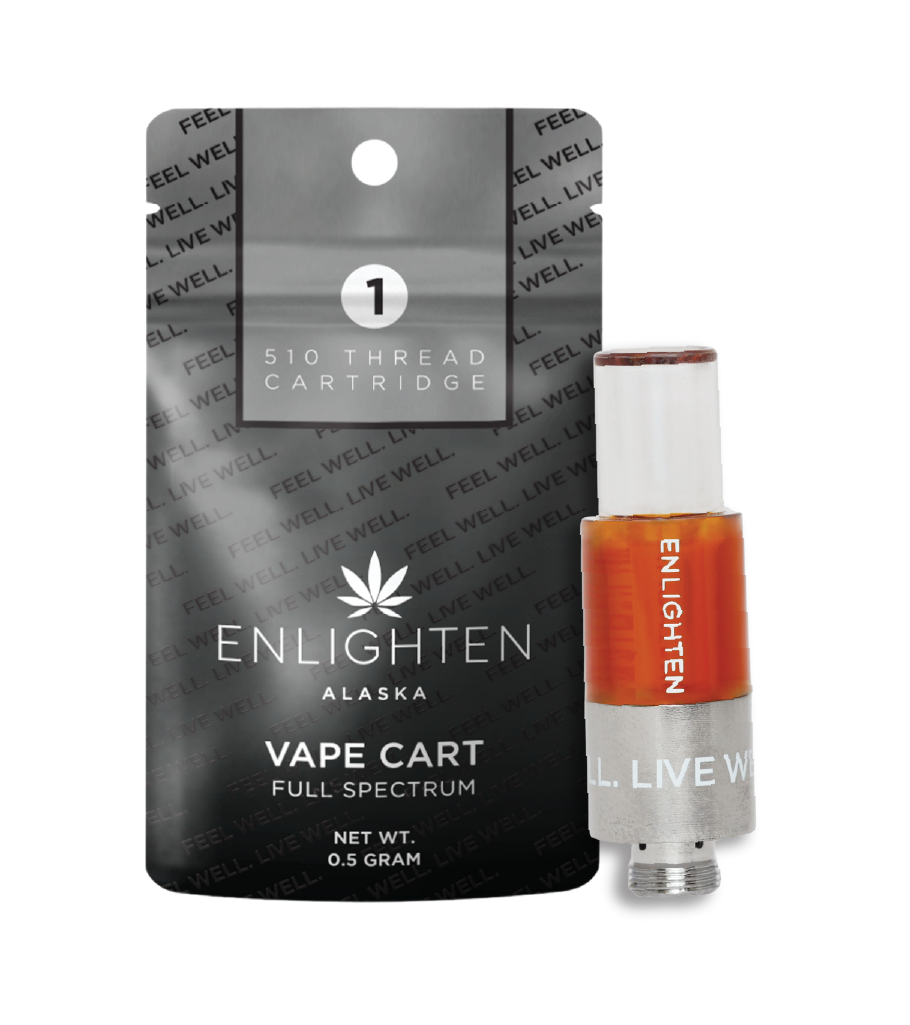 Enlighten Alaska 0.5g full spectrum CO2 510 thread vape cartridge and mylar packaging – Alaska cannabis dispensary product