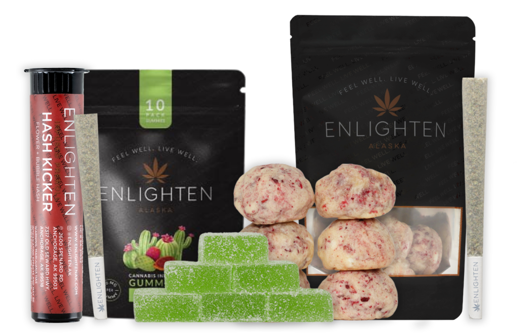Enlighten Alaska's Anchorage Dispensary Completion Prize Options for the Puff Puff Prize Raffle featuring a Hash Kicker, 100mg pack of Enlighten's Sour Prickly Pear Edibles, 100mg pack of Enlighten's Strawberry Cheesecake Cookies, and a singular 1g preroll.