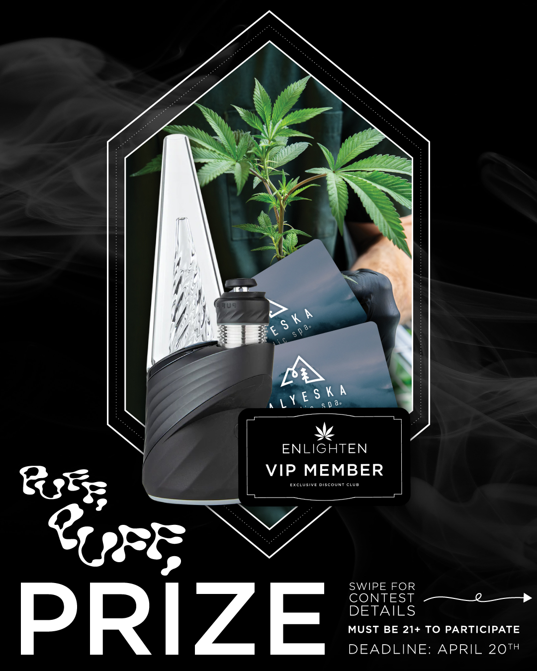 Preview of Enlighten Alaska's Anchorage dispensary Instagram account post detailing the Puff Puff Prize Raffle Challenge and prizes.