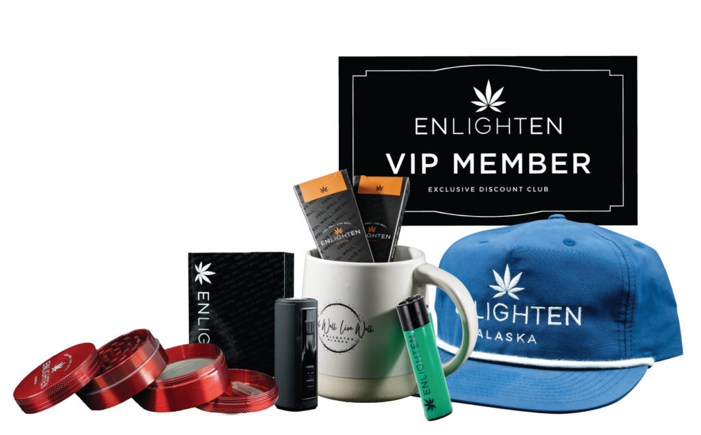 Enlighten Alaska's Anchorage Dispensary Runner-up Prize for the Puff Puff Prize Raffle featuring a VIP 25% off Membership card, Enlighten branded Dad Hat, clipper lighter, 2 packs of cones, a vape battery, a mug, and a grinder