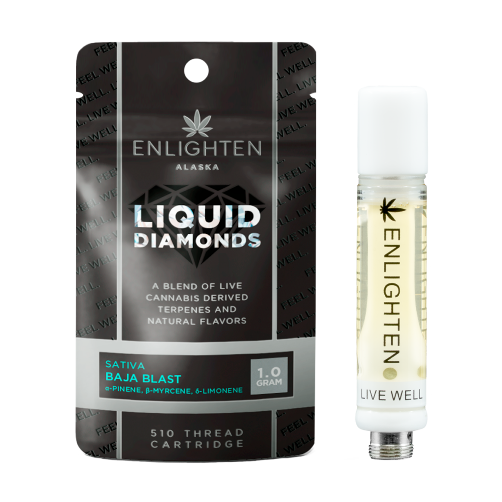 Enlighten Alaska Baja Blast Liquid Diamonds 1g vape cartridge combining THCa crystals and high terpene extract for maximum potency
