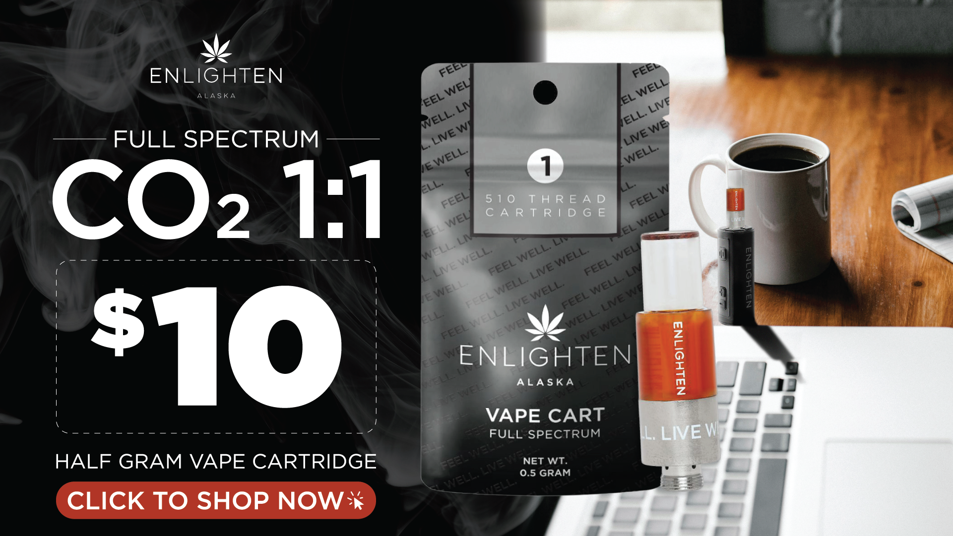 Enlighten Alaska Full Spectrum CO2 1:1 THC:CBD Half Gram Vape Cartridge on sale for $10 – 510 thread vape cart, 0.5g net weight, available now at Enlighten Alaska dispensary