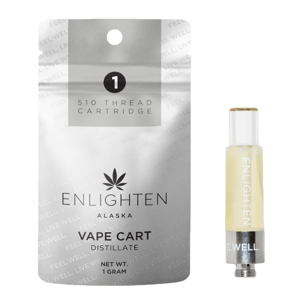 Enlighten Alaska 1g distillate 510-thread vape cartridge, a budget-friendly THC vape option for cannabis beginners