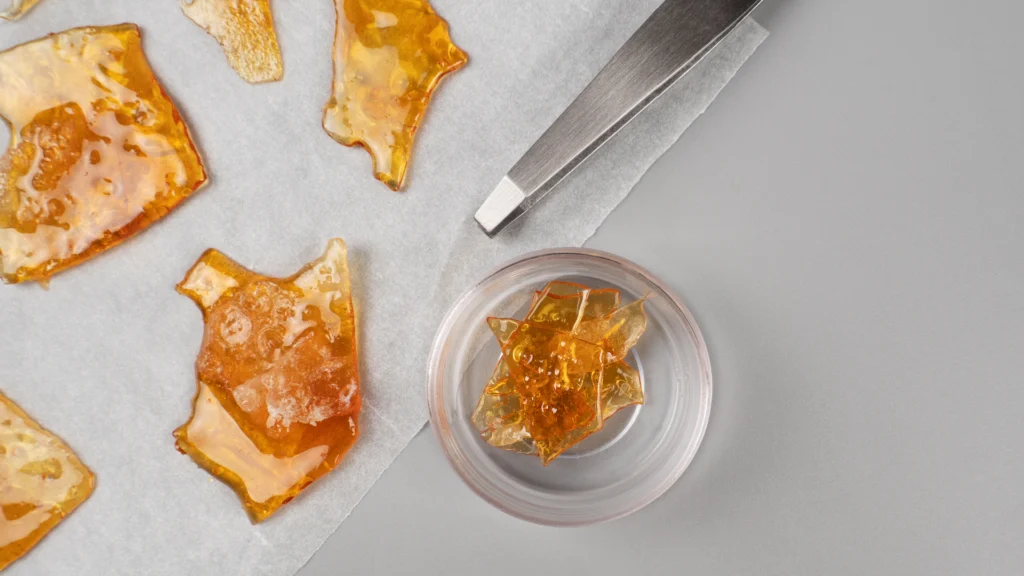 Close-up of cannabis shatter concentrate showing its glassy, translucent, amber-colored brittle consistency