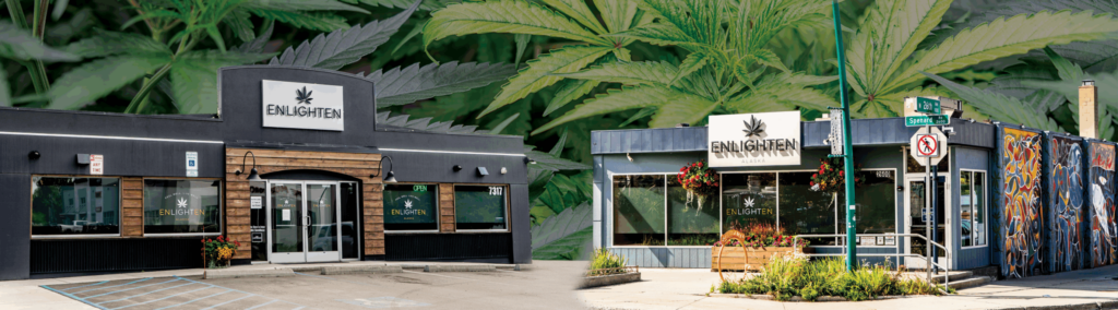 Enlighten Alaska's two Anchorage cannabis dispensary locations: Old Seward Highway storefront on the left and Spenard Road on the right