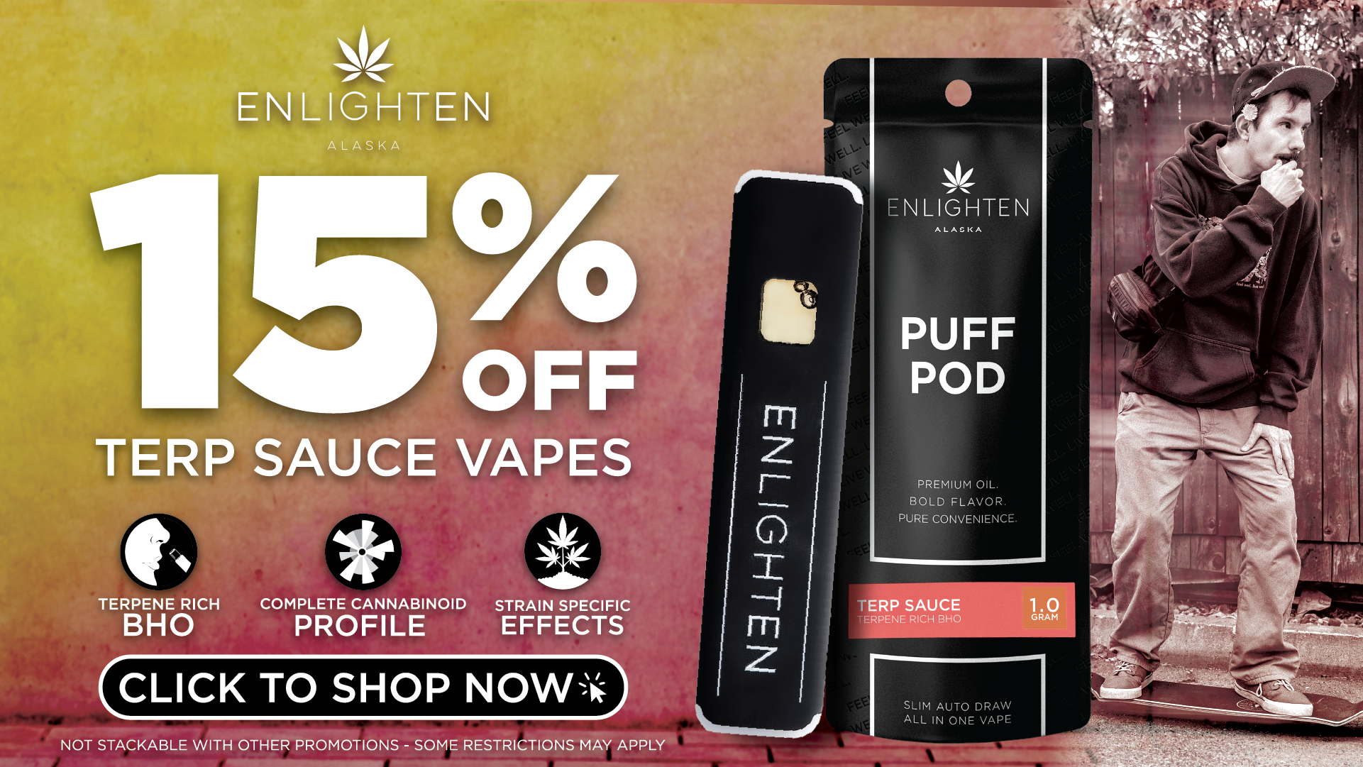Enlighten Alaska Full Spectrum CO2 1:1 THC:CBD Half Gram Vape Cartridge on sale for $10 – 510 thread vape cart, 0.5g net weight, available now at Enlighten Alaska dispensary