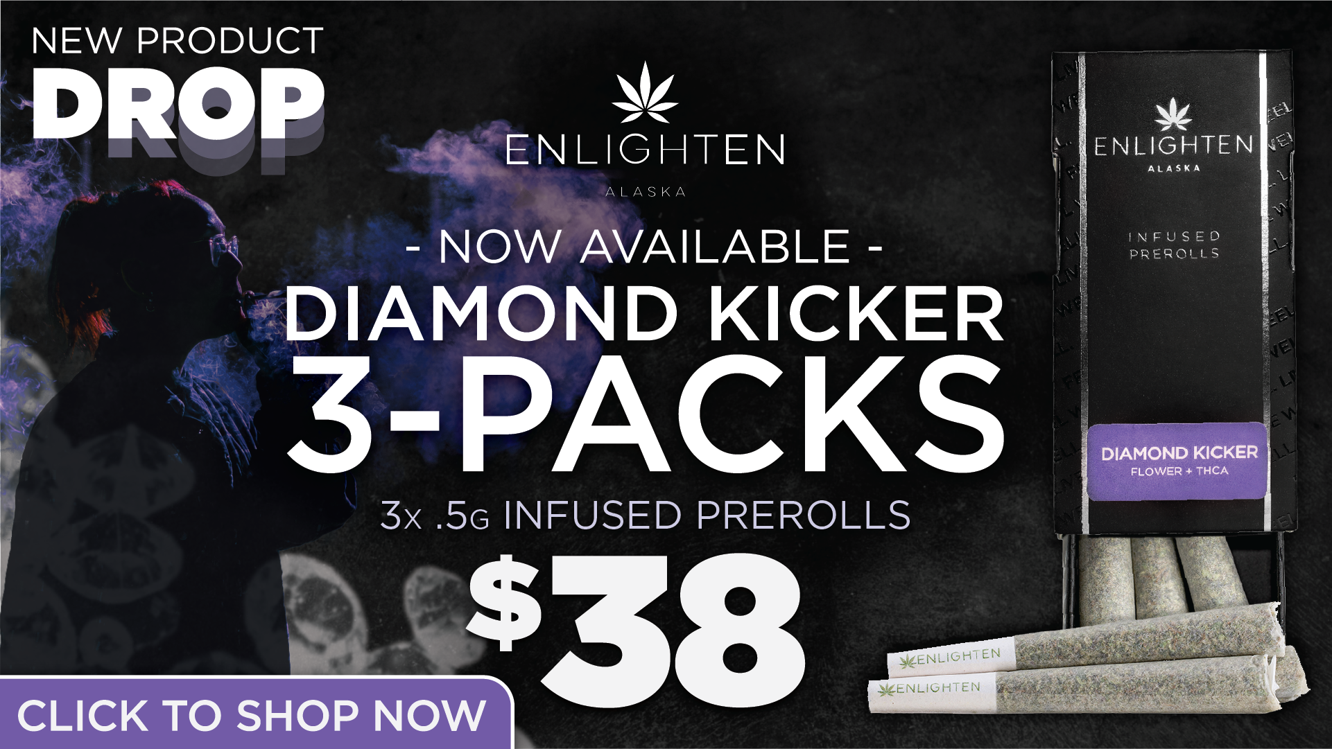 Enlighten Alaska Diamond Kicker infused preroll 3-pack launch, flower and THCa infused prerolls now available at Anchorage dispensary