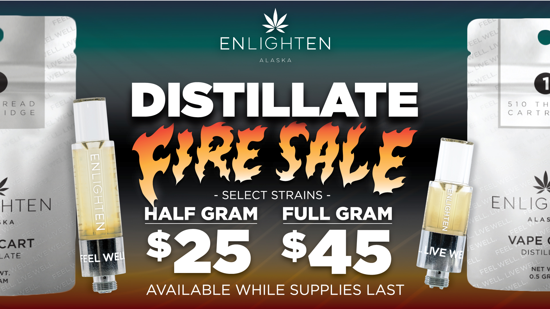 Enlighten Alaska's Anchorage Dispensaries Distillate cart fire sale featuring $25 half gram 510-thread carts and $45 full gram 510-thread carts.